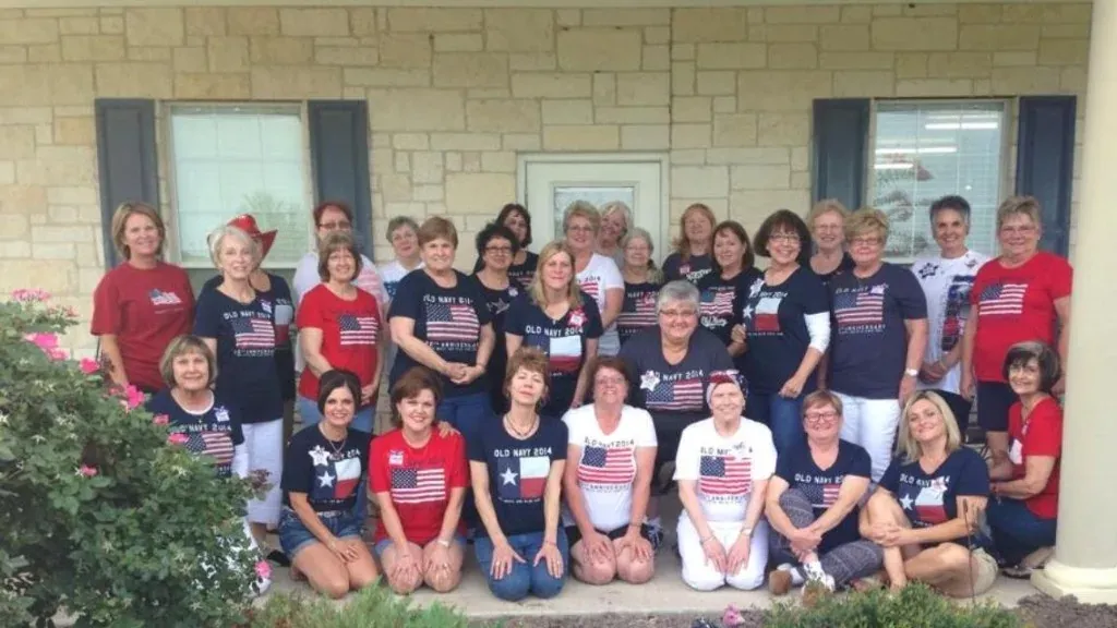 Retreat group in matching patriotic shirts outside the Centre